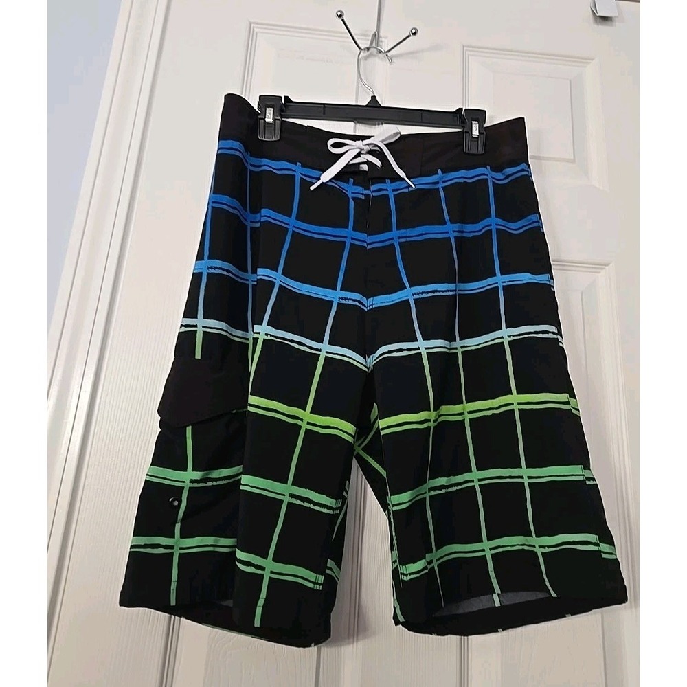 BURNSIDE Board Shorts Black Plaid with Pocket Board Scraper Size 32 - Picture 2 of 7
